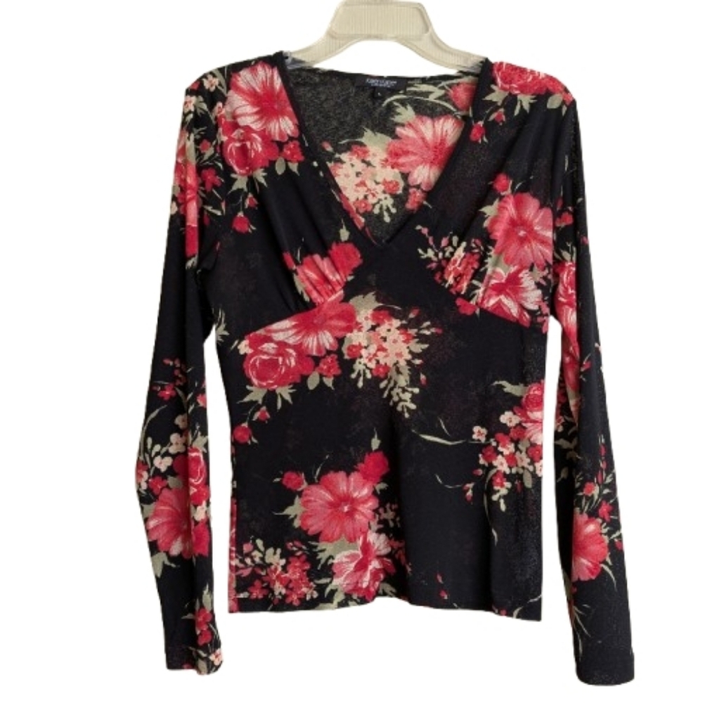 Karen Kane Y2K Floral Top Black Red Pink Romantic Feminine Size Large
